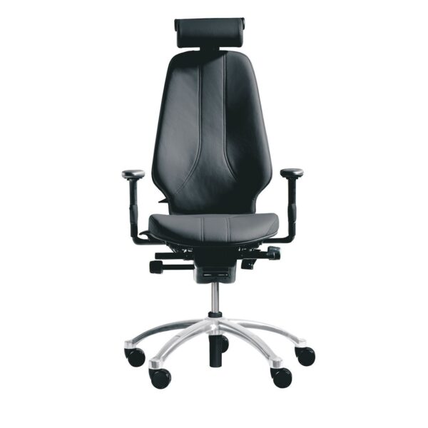 Ergonomische RH Logic 400 Elite 24-uurs bureaustoel, vooraanzicht met verstelbare armleuningen en hoge rugleuning