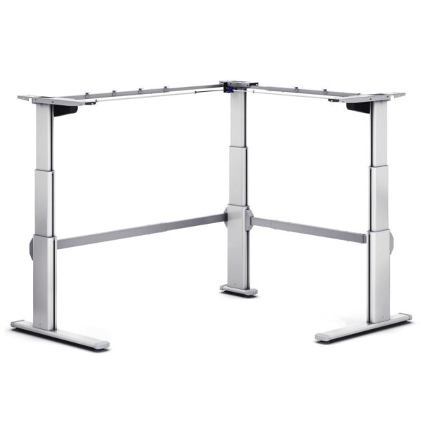 Robuust zilvergrijs onderstel van het Ergodesk E2+ zit-sta hoekbureau, zonder werkblad