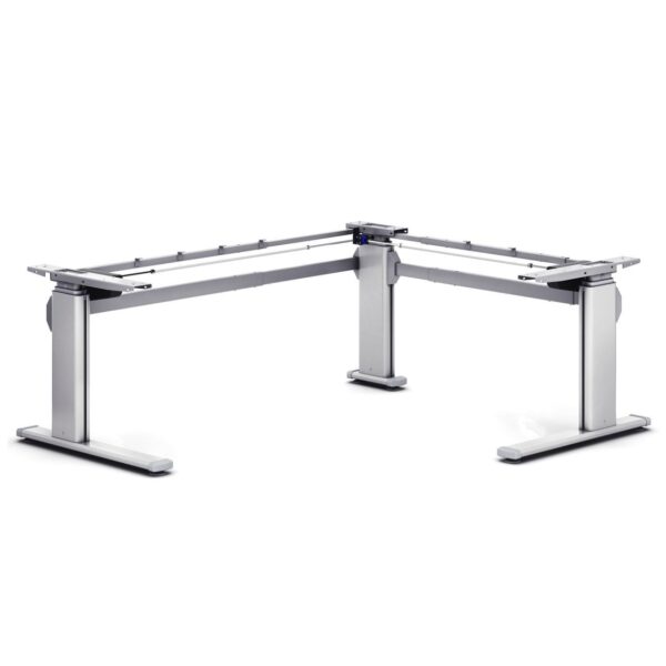 Hoekopstelling van het Ergodesk E2+ zit-sta bureau met verstelbare poten en zilvergrijs frame