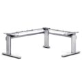 Hoekopstelling van het Ergodesk E2+ zit-sta bureau met verstelbare poten en zilvergrijs frame