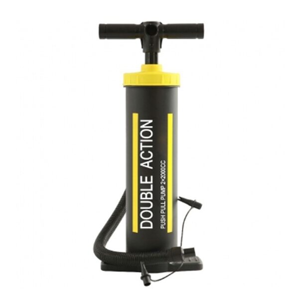 Zwarte en gele dubbelwerkende pomp voor zitballen met T-handvat en stevige voetsteun.