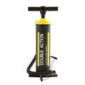 Zwarte en gele dubbelwerkende pomp voor zitballen met T-handvat en stevige voetsteun.