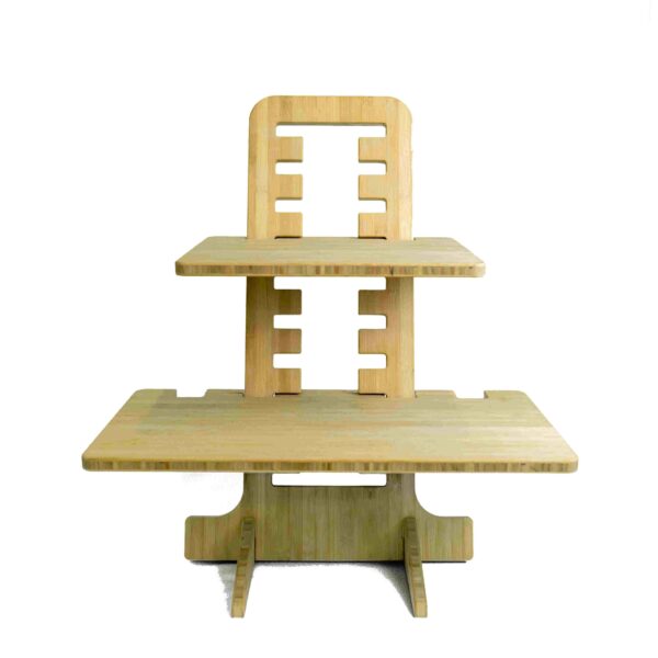 OPNIEUW! bamboe zit-sta bureauverhoger, vooraanzicht met verstelbare werkbladen.