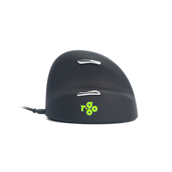 Achterzijde van de zwarte R-Go HE Break muis met groen logo en verticale vormgeving.