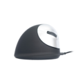 Linkerzijaanzicht van de R-Go HE Break ergonomische muis met zilverkleurige zijkant en bedrade aansluiting.