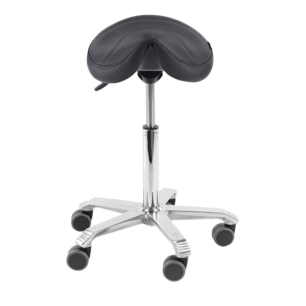 Voorzijde van de Score Amazone ergonomische zadelkruk met vijf wielen en zwart zadel