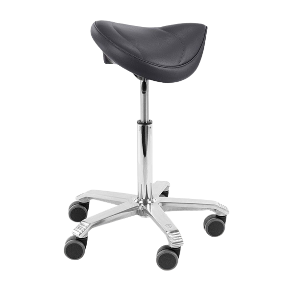 Zijaanzicht van de Score Amazone ergonomische zadelkruk met zwart zadel en chromen onderstel